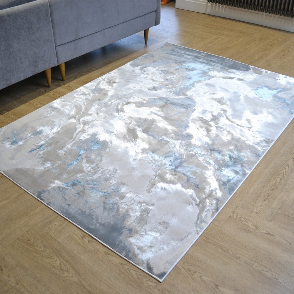 Aurora Haze Marble Abstract Rugs in Azure Blue